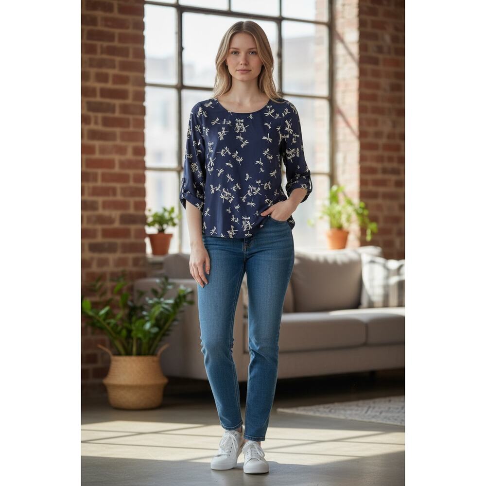 2/$30 EVERLY Top Size S Navy Blue Dragonfly Blouse 3/4 Sleeve Relaxed Fit